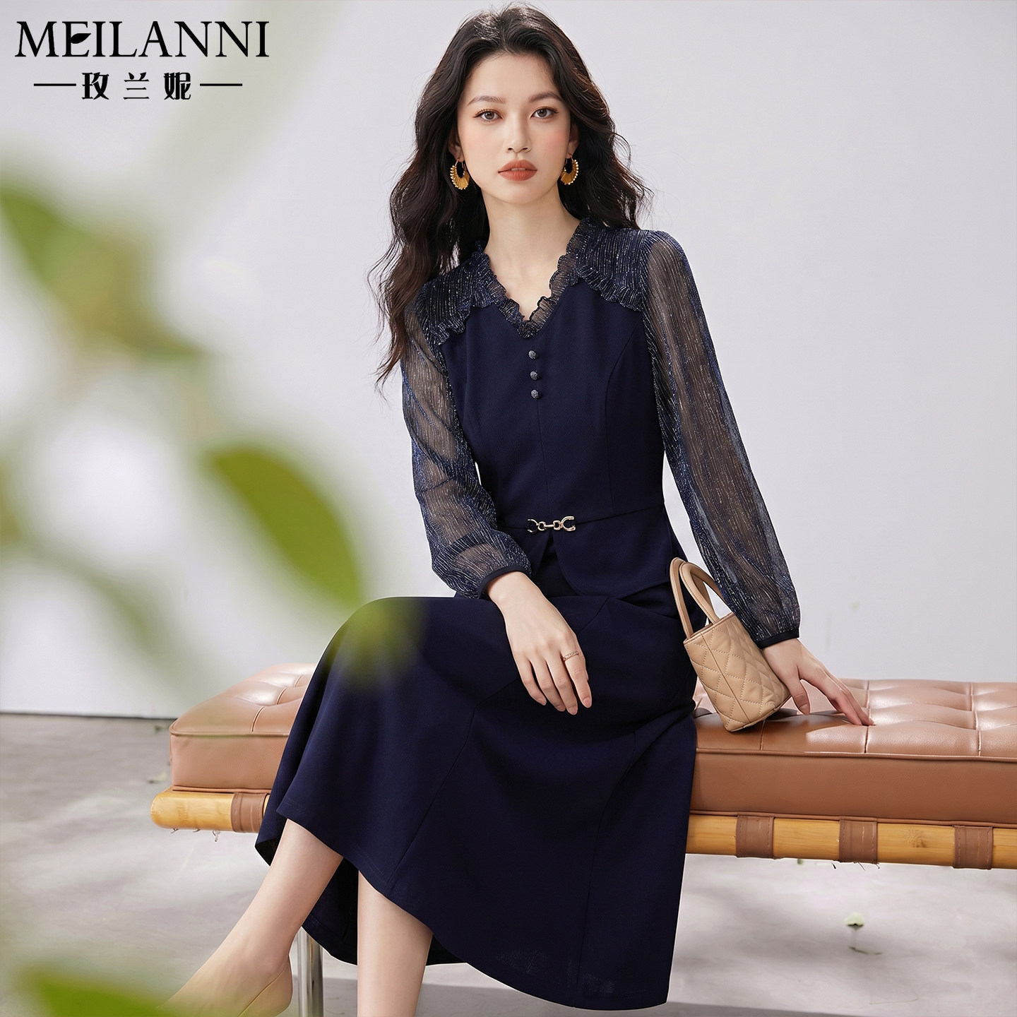 小香风藏蓝蕾丝假两件礼服连衣裙