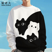 T恤新款 2025新款 圆领卫衣外套男ins潮牌猫咪印花长袖 休闲上衣加厚