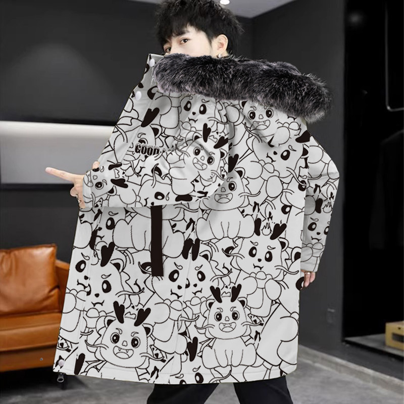 龙年羽绒服男本命年冬季加厚棉服休闲宽松中长款大码连帽开衫外套