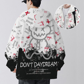 连帽外套大码 ins涂鸦夹克男士 小熊卡通印花开衫 休闲学生潮流上衣