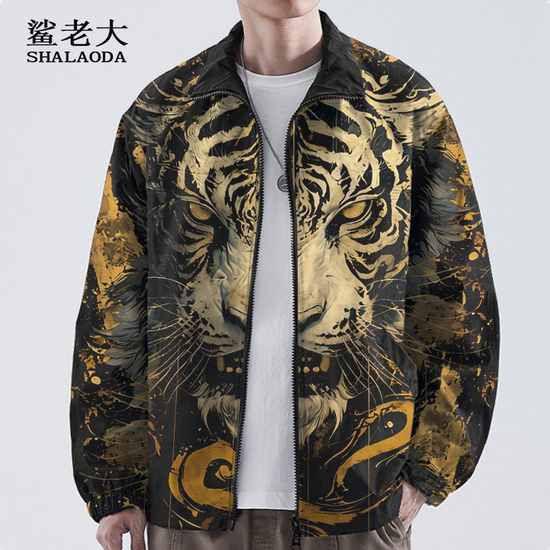 潮牌老虎头印花无帽夹克男外套休闲大码上衣休闲衣服开衫薄款上衣