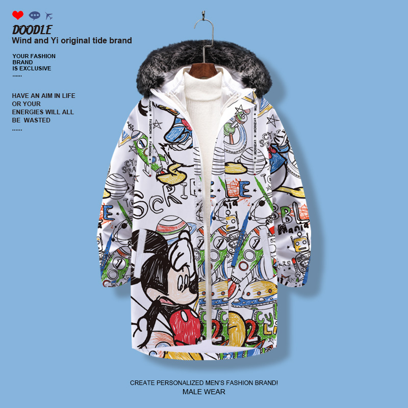 鲨老大卡通连帽休闲中长款