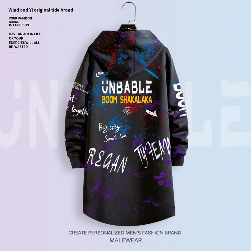 秋季外套男中长款潮牌涂鸦连帽风衣卡通图案韩版大码休闲加厚大衣