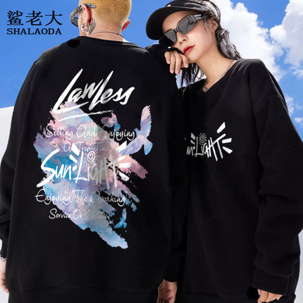 情侣卫衣外套男设计感小众印花圆领长袖T恤秋冬新款加绒加厚上衣