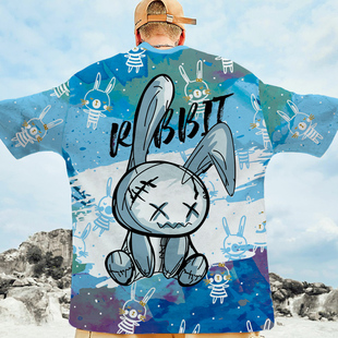 半袖 加肥情侣装 设计感小众体恤 T恤男ins潮牌大码 涂鸦兔子印花短袖