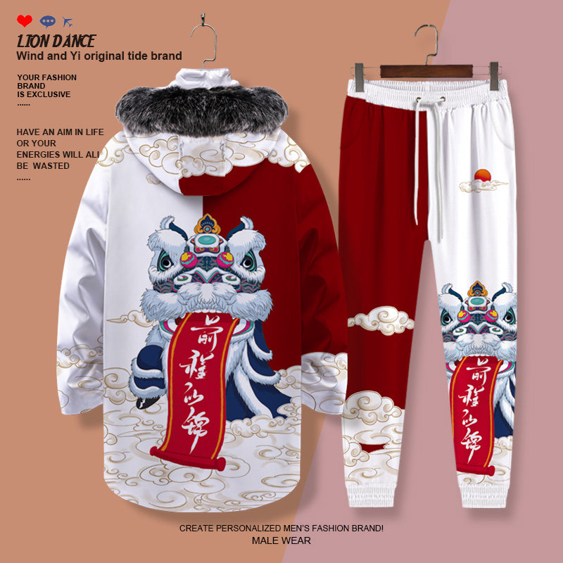 国潮醒狮图案羽绒服男款冬季加厚中长款棉服束脚卫裤连帽情侣套装