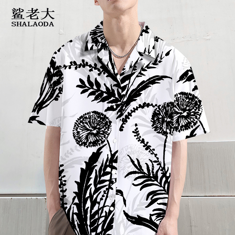 花图案短袖衬衫男生设计感小众衬衣oversize夏季薄款休闲翻领开衫