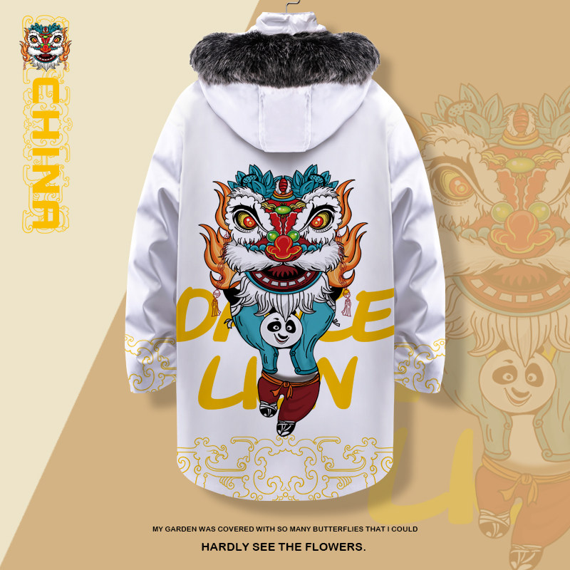 国潮醒狮印花羽绒服男士潮流复古加厚棉服连帽外套嘻哈潮牌棉大衣