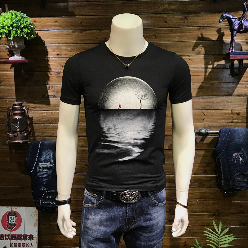SA5MÏļ¾¶ÌÐäTÐôÄиöÐÔÓ¡»¨Ô²ÁìÐÞÉí³±Á÷ÌåÐô°ëÐäÉÏÒÂÄÐÇàÄêÒ·þ