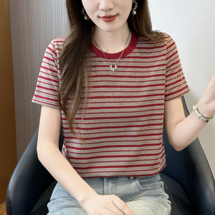 夏季 宽松休闲百搭上衣潮 T恤女2026新款 亮丝简约撞色条纹圆领短袖
