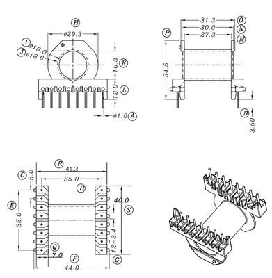 ER4215 EC42骨架 卧式8+8针 有配套磁芯销售 排距=35mm