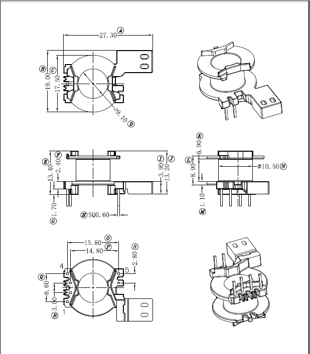 PQ2014高频变压器骨架 立式4+2针 排距=15.8mm