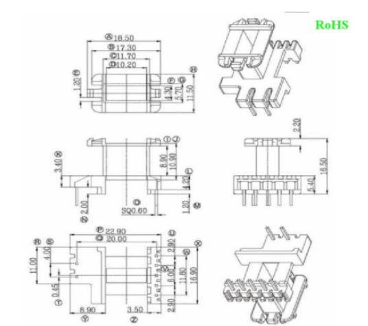 EE16w加宽骨架 直插立式5+2针 排距=20mm