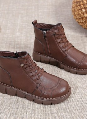 软底舒适高帮棉鞋保暖防滑女靴平底英伦风马丁靴女加绒短靴妈妈靴