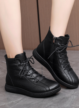 加绒加厚大棉鞋女皮鞋秋冬季保暖妈妈鞋防滑雪地靴平底短筒皮靴子