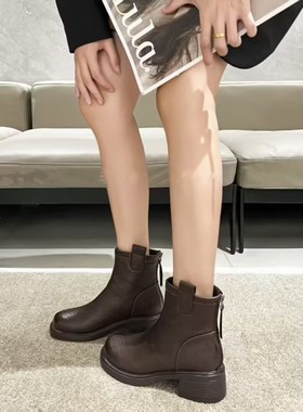 加绒保暖时尚切尔西短筒靴女2025新款秋冬复古显瘦皮靴软面瘦瘦靴