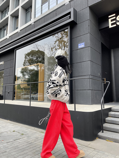 古祖祖 原创设计师款新年红加绒纯棉休闲运动香蕉裤宽松直筒裤女