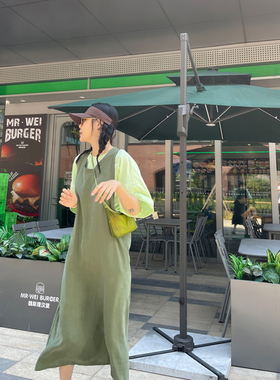 古祖祖 原创纯棉砂洗大袖笼绿色无袖连衣裙宽松显瘦长款背心裙女