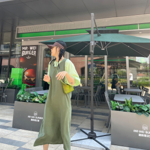 连衣裙宽松显瘦长款 笼绿色无袖 背心裙女 原创纯棉砂洗大袖 古祖祖