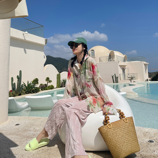 古祖祖 原创渲染花轻薄透视慵懒天丝衬衫女休闲度假风防晒衬衣新