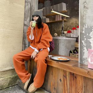 古祖祖 原创私服苦橘色双面加厚摇粒绒卫衣休闲时髦套装女秋冬新