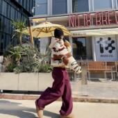 古祖祖 女新 休闲裤 原创时髦葡萄紫摇粒绒慵懒宽松直筒裤 保暖冬季