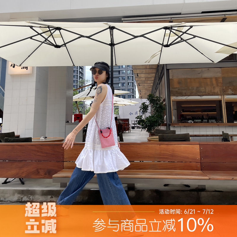 古祖祖 原创刺绣蕾丝挖肩白色公主连衣裙无袖肌理感长裙女2025夏