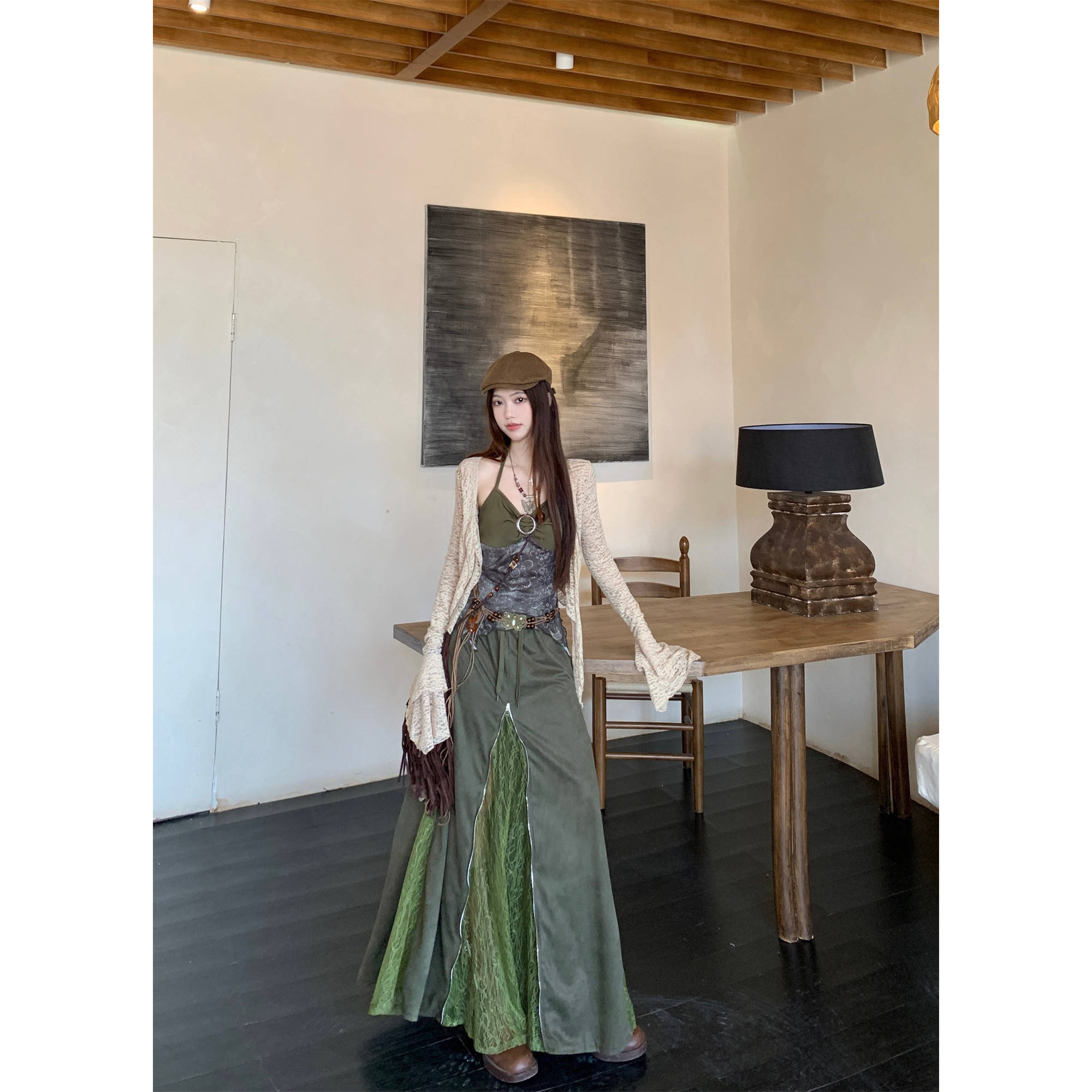 美拉德森系绿色蕾丝碎花拼接吊带上衣+蕾丝拼接拉链半身裙两件套,女装/女士精品,时尚套装,淘宝优惠券,粉丝福利购,淘宝优惠卷