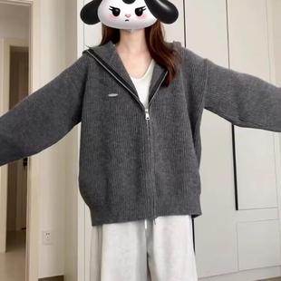 早春季慵懒风高级感灰色连帽毛衣外套女秋冬2025新款古着复古宽松