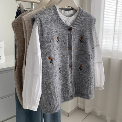 韩系慵懒风花朵针织马甲背心女