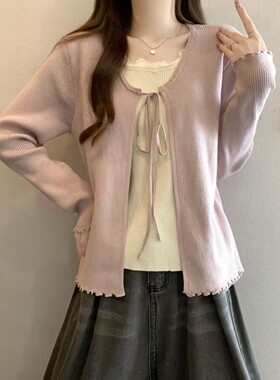 撞色假两件长袖针织衫女春秋2026新款设计感拼接系带别致短款上衣