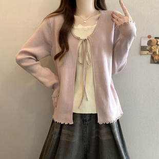 撞色假两件长袖针织衫女春秋2025新款设计感拼接系带别致短款上衣