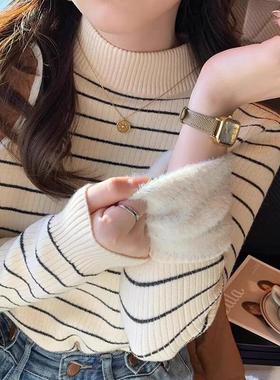 加绒毛衣女冬季加厚2024新款条纹秋冬内搭打底衫半高领一体绒上衣