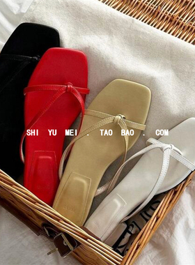 饰与美韩国东大门夏季新款露趾低跟简约细带小众红色外穿凉拖鞋女