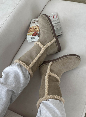 韩国东大门冬季新款中筒雪地靴羊羔绒皮毛一体加绒保暖灰色棉鞋女