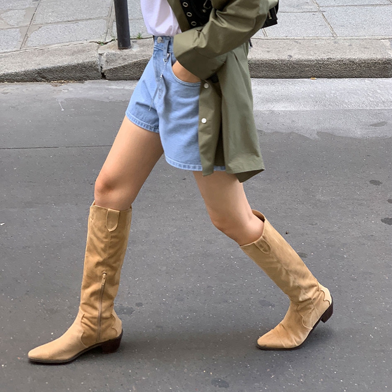 与美新款粗跟磨砂皮牛仔骑士靴