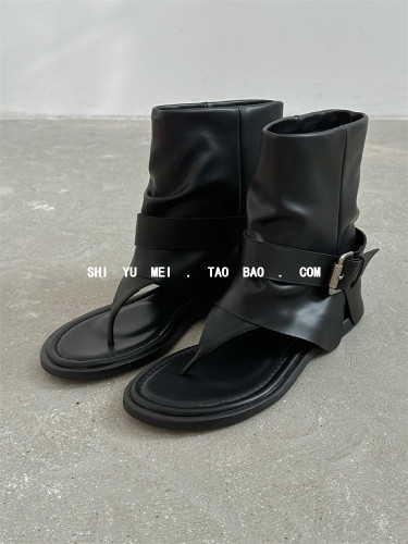 韩版凉靴低跟皮带扣短靴裤管