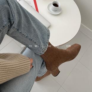 饰与美韩国东大门秋冬季新款女鞋方头绒面后拉链ol通勤秀气短靴女