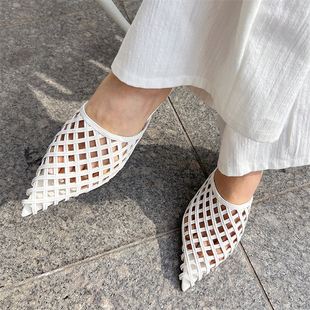 饰与美韩国东大门夏季新款法式尖头网状细跟编织罗马镂空凉拖鞋女