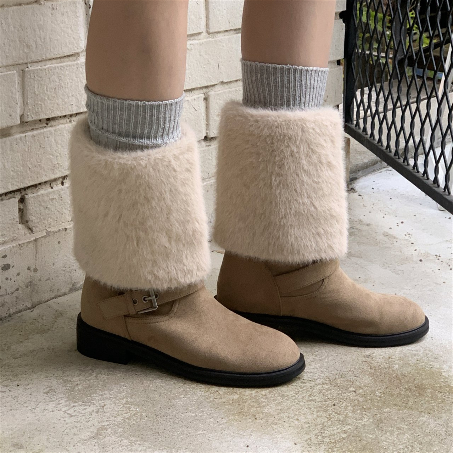 韩版拼接毛毛拼接中筒靴