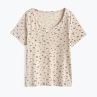 T恤上衣女装 短袖 ze952 蝴蝶结小碎花弹性修身 GR甜美百搭圆领短袖