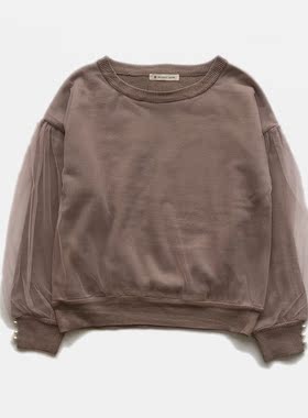 MJ原单网纱袖蕾丝针织毛衣女套衫手工珠珠秋冬季圆领长袖