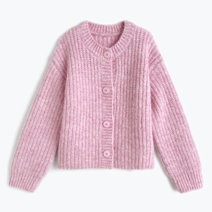 甜美合身羊毛混纺圆领长袖毛衣粉红色灰色针织开衫春秋外套女装