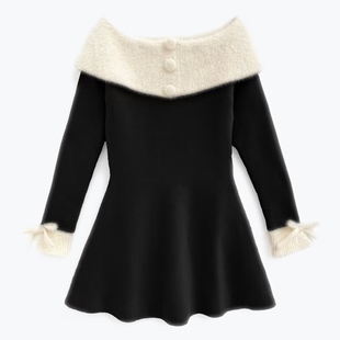 GR甜美可爱百搭新颖一字领毛茸茸收腰连衣裙针织A字短裙日系女装