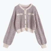 GR小香风圆领短款 日系女装 长袖 微闪单排扣仿珍珠纽扣外套开衫