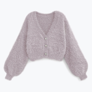 外套日系女装 GR软绵可爱短款 V领开衫 长袖 水钻纽扣短款