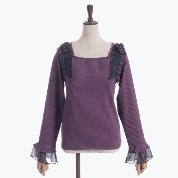 AX甜美优雅耐用方领蝴蝶结长袖弹性打底T恤上衣日系女装