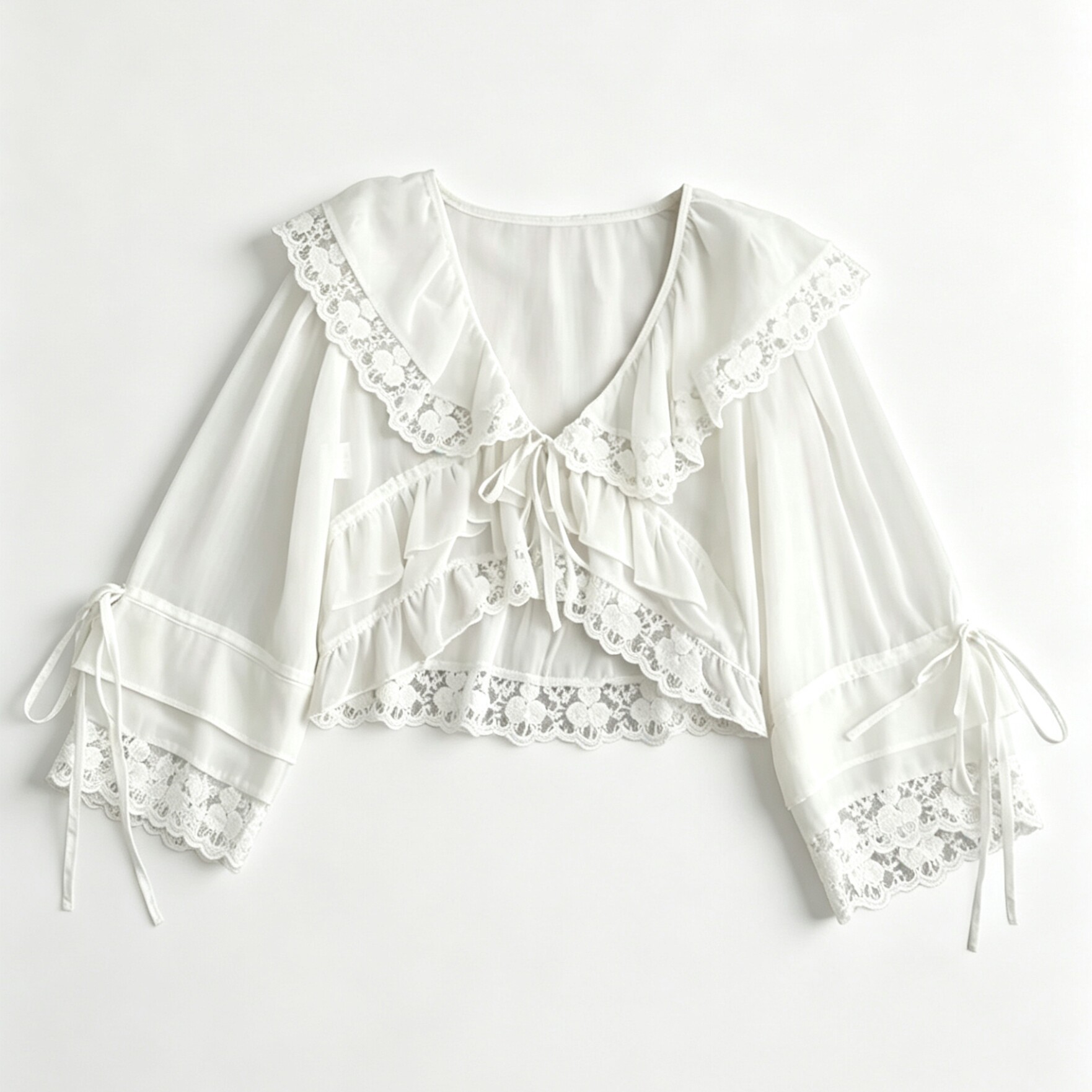 法式浪漫蕾丝花边长袖短款透视配吊带裙的外套开衫遮阳防晒衬衫女