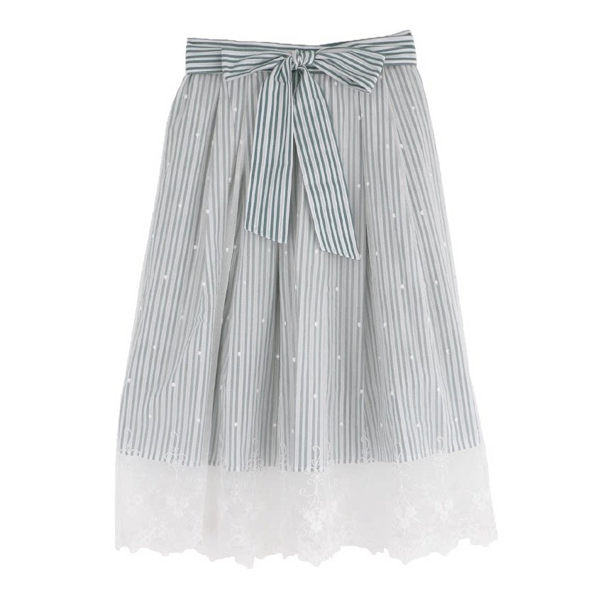 AX精致蕾丝网纱松紧腰围中长半竖条纹身裙有腰带日系女装