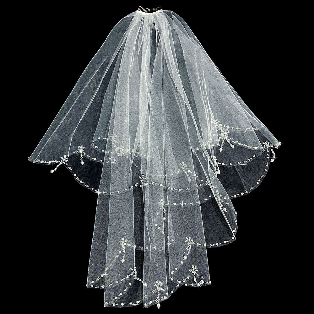 结婚主婚纱头纱新娘拍照领证登记拍照道具双层短款珍珠吊坠头纱